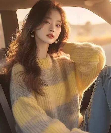 실사 황색 스트라이프 부드러운 찹쌀 스웨터 여자 가을 겨울 새로운 루즈핏 레트로 느긋한 바람 니트 맨위
