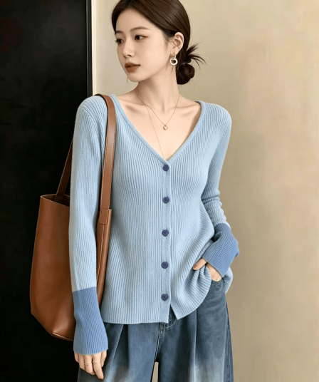 실사 하늘색 나팔 소매 양모 스웨터 여성 패치워크 색상 긴팔 V넥 인사이드 가져 가라. 예쁜 스웨터