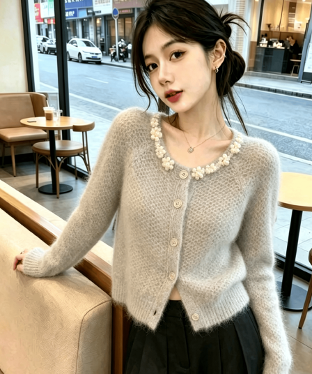 실사 회색 진주 칼라 모헤어 맨위 부드러운 찹쌀 스웨터 오픈 가디건 여성
