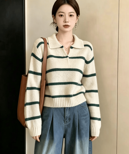 실사 녹색 스트라이프 POLO 칼라 풀오버 여성 의류 가을 겨울 새로운 와이드 부드러운 찹쌀 디자인 센스 배색