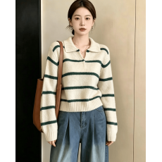 批发实拍 绿条纹POLO领套头毛衣女装秋冬新款<b class='q'>宽松</b>软糯设计感撞色