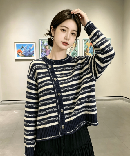 실사 프랑스식 레트로 작은 샤넬 스타일 스트라이프 니트 스웨터 여성 가을 년 새로운 캐주얼 루즈핏 다용도 라운드 넥 스웨터