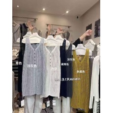 批发早春新款韩版宽松显瘦百搭纯色长袖上衣网格针织纽扣背心裙