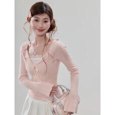 批发法式粉色麻花针织打底衫<b class='q'>女</b>春季2026新款蕾丝系带<b class='q'>毛衣</b>修身内搭上衣