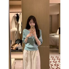 批发绿色V领套头针织衫女春季外穿小个子宽松慵懒风显瘦长袖内搭<b class='q'>上衣</b>