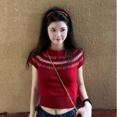 韩式红色提花圆领针织衫短袖女2026新款设计感修身显瘦百搭上衣潮