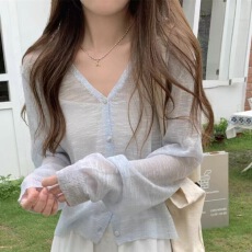 批发蓝色冰丝<b class='q'>针织</b>防晒开衫薄款外套女披肩夏季配吊带裙子外搭罩衫上衣