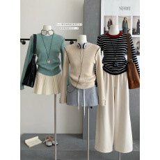 批发一勺甜 hers纸片人圆领<b class='q'>条纹</b>撞色<b class='q'>针织衫</b> 女冬季宽松显瘦毛衣