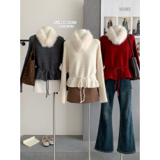 批发韩系温柔风一字领<b class='q'>荷叶边</b>收腰系带<b class='q'>毛衣</b>女冬季可拆卸毛领加厚针织衫