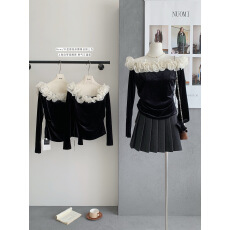 批发实拍2025秋冬新款法式名媛绝美气质花边一字领露肩显瘦丝绒小衫