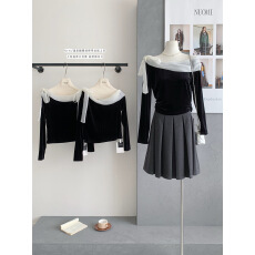 批发法式气质一字肩丝绒衬衫女秋冬季收腰设计感小众<b class='q'>网纱</b>拼接露肩<b class='q'>上衣</b>