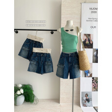 批发板栗可可Bankelili'私服！版型牛牛'设计感水洗做旧工装牛仔短裤