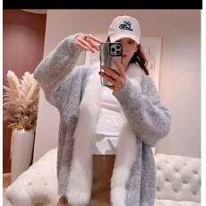 批发欧美风显瘦开衫狐狸毛阔版洋气针织中长款皮草外套真毛毛大衣女