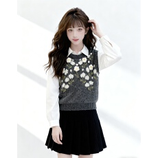 批发学院风针织马甲背心女2025秋季新款外搭叠穿<b class='q'>衬衫</b>上衣两件套装