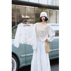 批发新款法式温柔风白色蕾丝镂空雪纺长袖衬衫女设计感小众高级感上衣