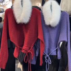 批发韩系甜美温柔收腰<b class='q'>裙摆</b>宽松显瘦加厚可拆卸毛领休闲保暖毛衣女冬款