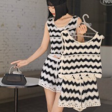 批发新款法式镂空黑白波浪纹针织套<b class='q'>装</b>女夏 无袖背心+短<b class='q'>裤</b>甜辣两件套