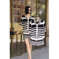 批发新款法式镂空黑白条纹针织套<b class='q'>装</b>女夏<b class='q'>短袖</b>+短<b class='q'>裤</b>甜辣两件套