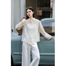 批发白色蕾丝提花长袖防晒衬衫女薄款春<b class='q'>夏季</b>高级设计感外搭上衣