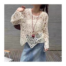 批发洋气减龄简约百搭镂空钩花针织<b class='q'>罩衫</b>女2025秋季宽松百搭不规则上衣