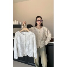 批发高级感重工刺绣拼接长袖衬衫女2026春季简约优雅气质蕾丝开衫上衣