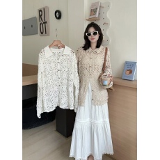 批发法式复古宽松翻领花朵钩花上衣 时尚简约<b class='q'>镂空</b>气质<b class='q'>针织衫</b>女百搭