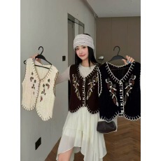 批发针织开衫背心马甲女春季新款百搭毛衣外套<b class='q'>短</b>款绣花外穿坎肩上衣