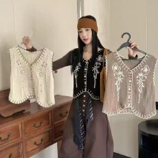 批发针织开衫背心马甲女春季新款百搭毛衣外套<b class='q'>短</b>款绣花外穿坎肩上衣