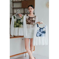 批发新款法式镂空<b class='q'>钩花</b>拼接短款<b class='q'>雪纺</b>衫女设计感复古气质圆领显瘦<b class='q'>上衣</b>潮