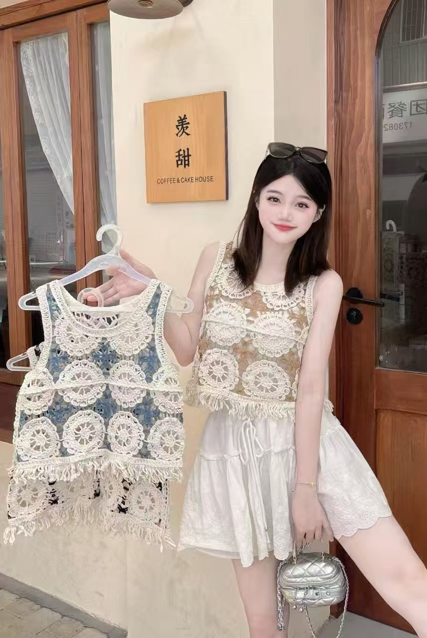 2026 봄 여름 새로운 순면 패치워크 색상 술 외부 가져 가라. 자수 홀로우 아웃 조끼 여성 훅 제직 민소매 어깨 베스트