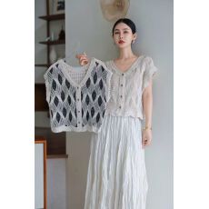 批发度假风镂空钩花v领<b class='q'>马甲</b>针织衫女夏新款扇形小飞袖韩系上衣女甜美