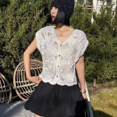 批发度假风镂空钩花v领<b class='q'>马甲</b>针织衫女夏新款扇形小飞袖韩系上衣女甜美