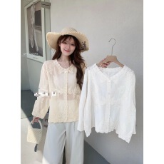 批发法式蕾丝镂空刺绣V领<b class='q'>衬衫</b>女夏季森系文艺防晒开衫长袖上衣