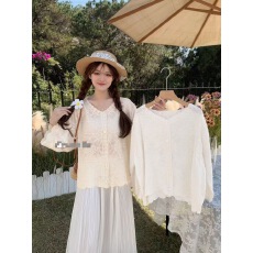 批发法式蕾丝镂空刺绣V领<b class='q'>衬衫</b>女夏季森系文艺防晒开衫长袖上衣