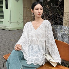 批发法式钩花刺绣V领短袖罩衫女夏季微胖mm大码洋气百搭防晒衬衣上衣