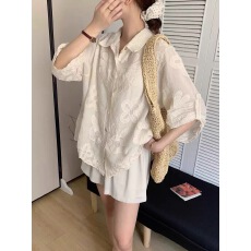 文艺刺绣纯棉七分袖衬衫女2026夏新款气质宽松显瘦翻领衬衣潮