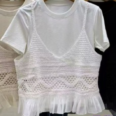 批发法式复古钩花镂空针织开衫马甲背心无袖叠穿上衣吊带+T恤二件套