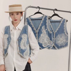 批发民族风V领钩花刺绣<b class='q'>马甲</b>女夏季复古流苏<b class='q'>牛仔</b><b class='q'>背心</b>无袖坎肩叠穿上衣