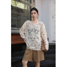 批发广州十三行针织镂空钩花春夏季新款叠穿长袖衬衫上衣