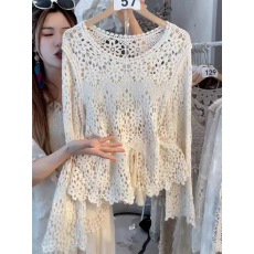 批发春季新款显瘦法式时尚长袖蕾丝小众<b class='q'>镂空</b>针织衫气质显瘦通勤喇叭袖