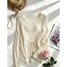 批发实拍重工花朵钩花系带长袖上衣女收腰<b class='q'>镂空</b>外搭叠穿防晒罩衫夏新款