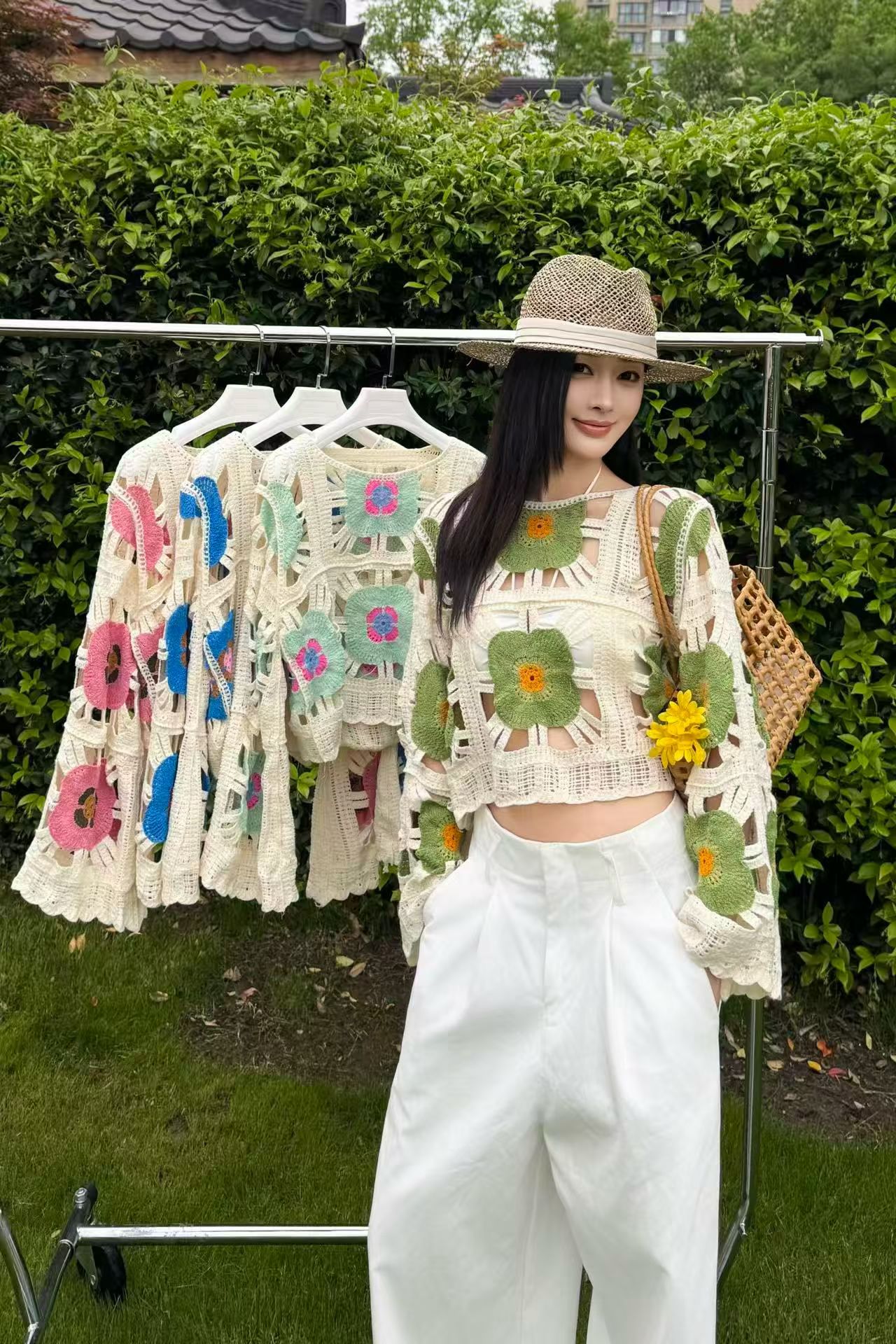 유럽 상품 높음 세트 섹션 홀로우 아웃 훅 제직 꽃 살구 색상 니트 블라우스 여성 여름 새로운 작은 대중 디자인 품격 맨위