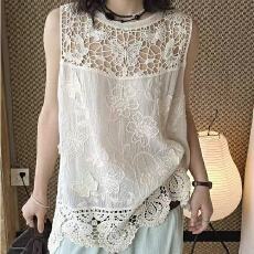 批发钩花镂空拼接百搭无袖背心马甲女夏季外穿坎肩罩衫百搭中长款上衣