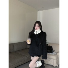 批发矜贵千金2025秋冬黑色加厚毛呢假两件西装<b class='q'>套装</b>女高腰<b class='q'>短裤</b>