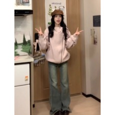 批发美式复古双拉链连帽卫衣外套女春<b class='q'>秋</b>季新款休闲宽松百搭高级感上衣