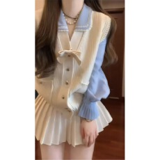 批发韩系风富家千金蝴蝶结马甲衬衫百褶<b class='q'>裙裤</b>2025超火三件套<b class='q'>女</b>高级感