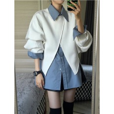 批发2024秋季新款宽松小众纯色衬衫设计感时尚不规则<b class='q'>长袖</b>罩衫两件套女