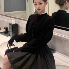 批发韩版设计感千金圆领拼接针织毛衣外套假两件上衣<b class='q'>蓬蓬</b>裙学生套装女