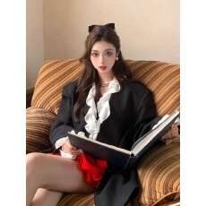 批发设计感黑色木耳边西装<b class='q'>外套</b>女<b class='q'>夏季</b>新款宽松中长款女神范西服上衣潮