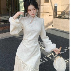 批发秋季气质优雅水滴领女长袖<b class='q'>连衣裙</b>新中式假两件<b class='q'>绣花</b>旗袍中国风长裙